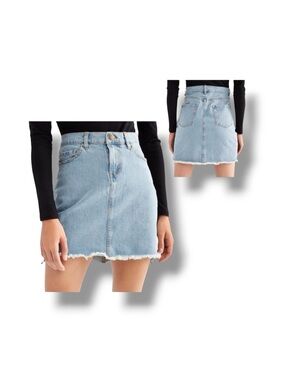 Lolë Light Wash Mini Denim Skirt Raw Hemline Stretchy